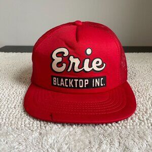 80s Vintage Erie Blacktop Inc Mesh Snapback Trucker Hat OSFA Workwear Paving Red